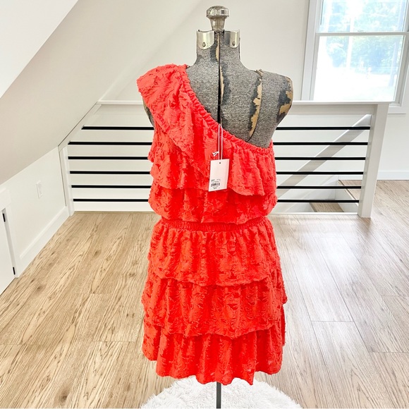 NWT S M XL LC Lauren Conrad Coral orange, one shoulder flowy midi dress - Picture 4 of 7